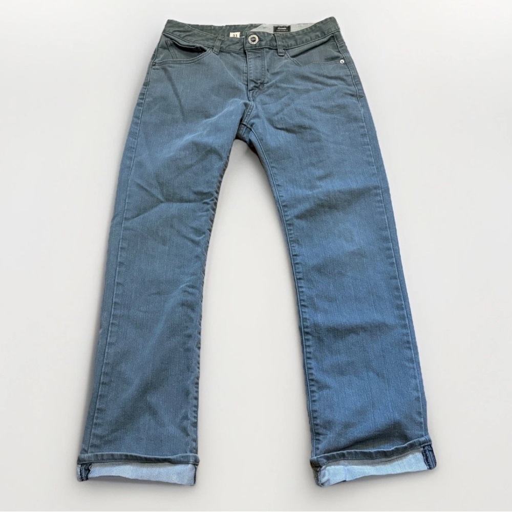 Volcom 31x28 Kinkade Cuffed Modern Straight Distressed Gray Stretch Jeans Denim